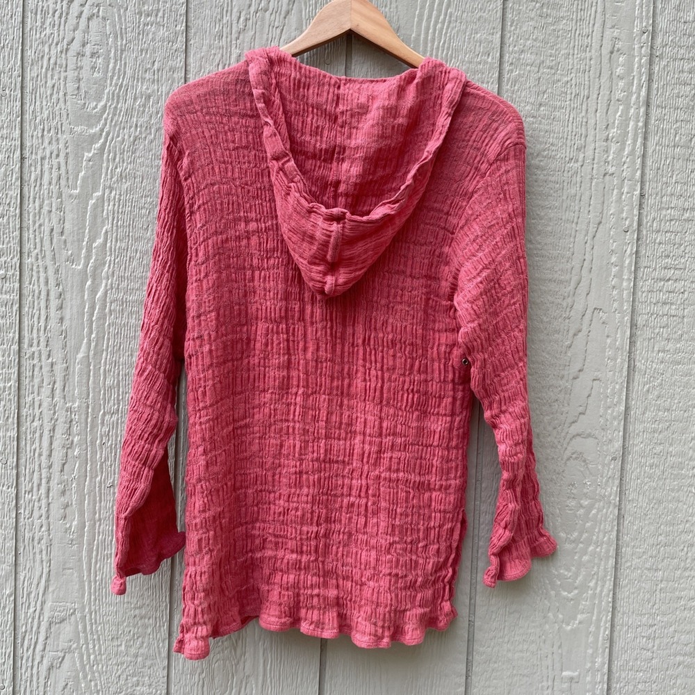 Chico's Crinkle Tunic Hoodie Womens Large Coral Pink 100% Linen Gauze Beach Boho - Picture 2 of 11